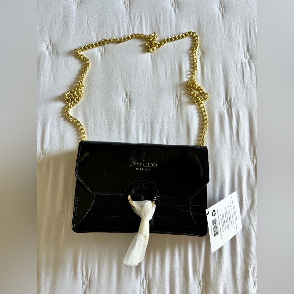 Brand New Jimmy Choo Black and Gold Clutch with Chain Strap